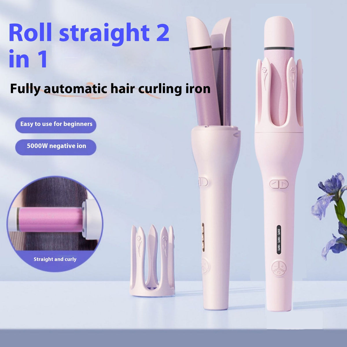 2-in-1 Automatic Hair Curler & Straightener, Rotating Ceramic Curling Iron with 3 Heat Settings, Fast Heating & Negative Ion Technology

