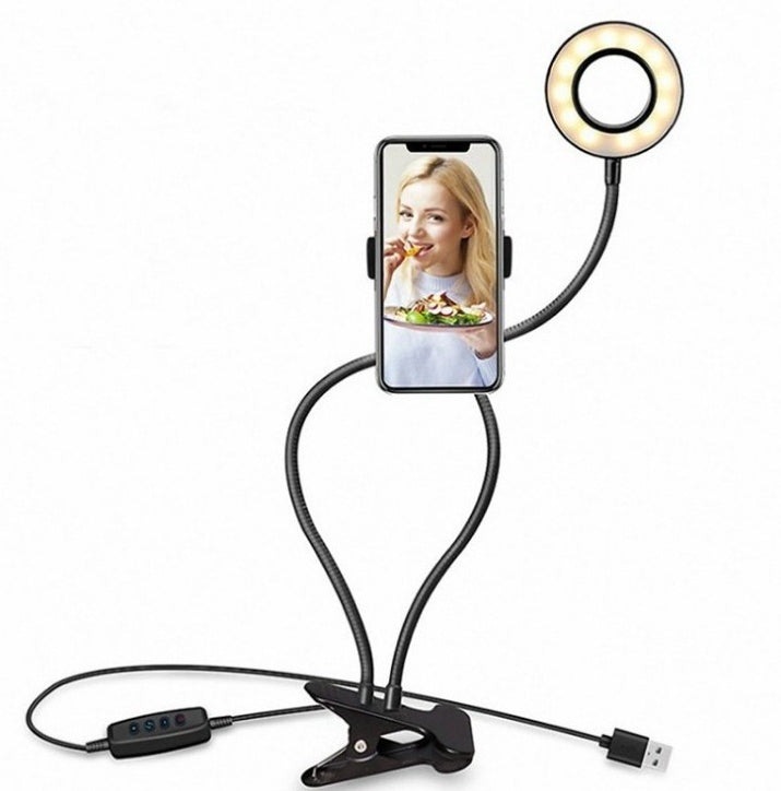 LED Selfie Ring Light with Phone Holder, Adjustable Makeup & Live Streaming Light, 3 Color Modes, 10-Level Brightness, 360° Rotating Desk Clamp Stand
