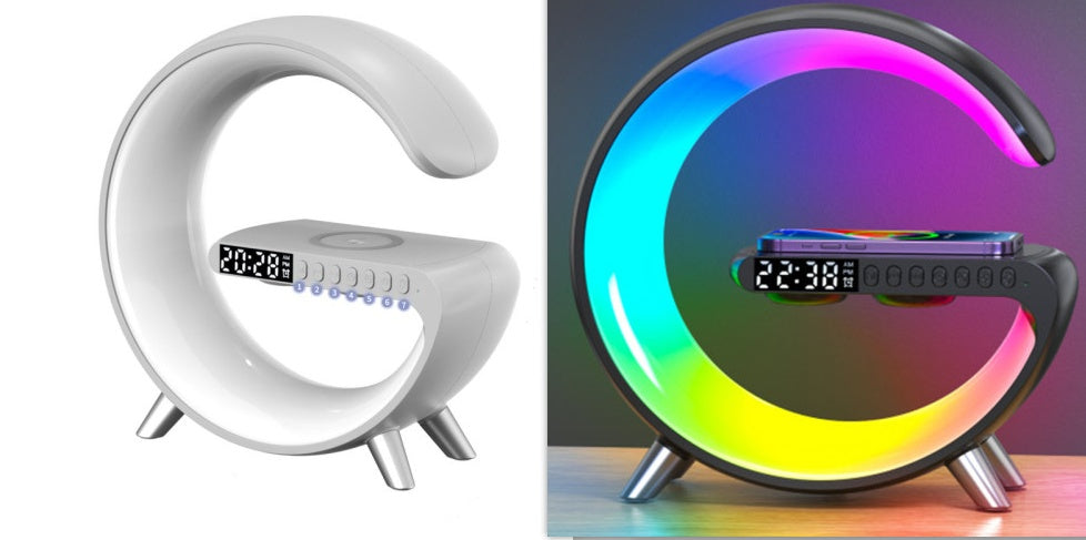 G-Shaped Smart LED Table Lamp with Bluetooth Speaker, 15W Wireless Charger, App & Voice Control for Bedroom & Home