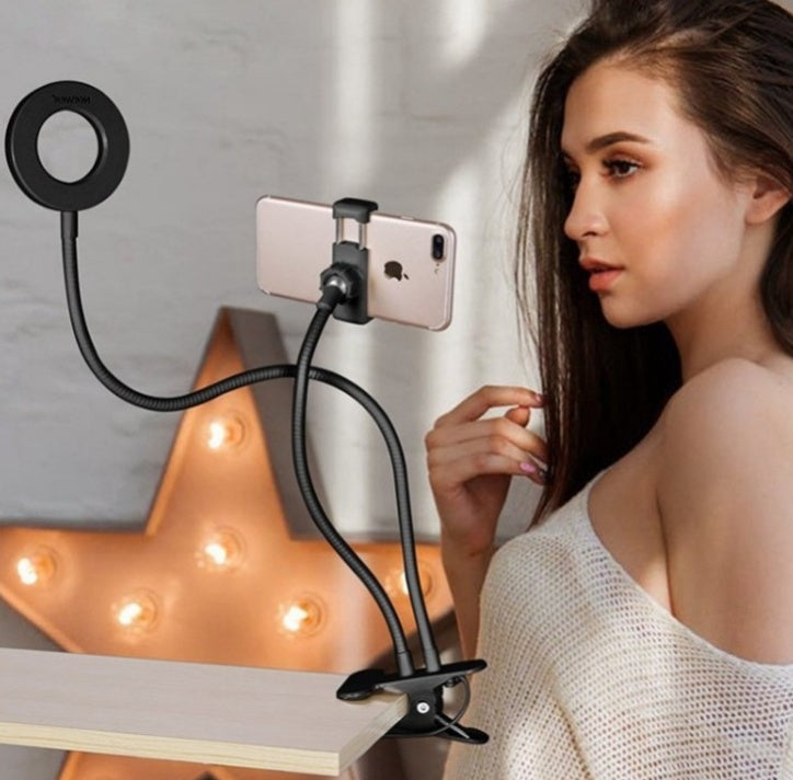 LED Selfie Ring Light with Phone Holder, Adjustable Makeup & Live Streaming Light, 3 Color Modes, 10-Level Brightness, 360° Rotating Desk Clamp Stand
