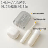 All In 1 SHOPPING 3-in-1 travel toiletry set with toothbrush, toothpaste, and mouthwash cup organizer on a travel bathroom countertop.