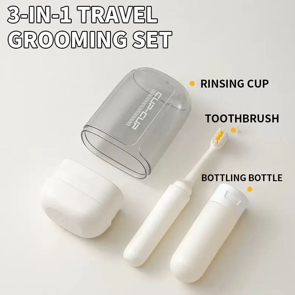 All In 1 SHOPPING 3-in-1 travel toiletry set with toothbrush, toothpaste, and mouthwash cup organizer on a travel bathroom countertop.