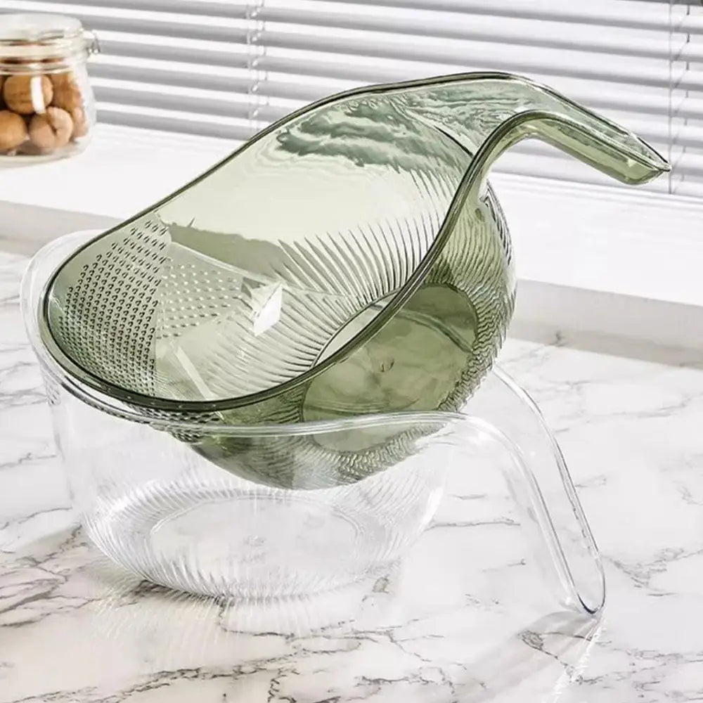 All In 1 SHOPPING rice washing bowl and kitchen colander for rinsing vegetables, fruits, and food with a durable strainer design.