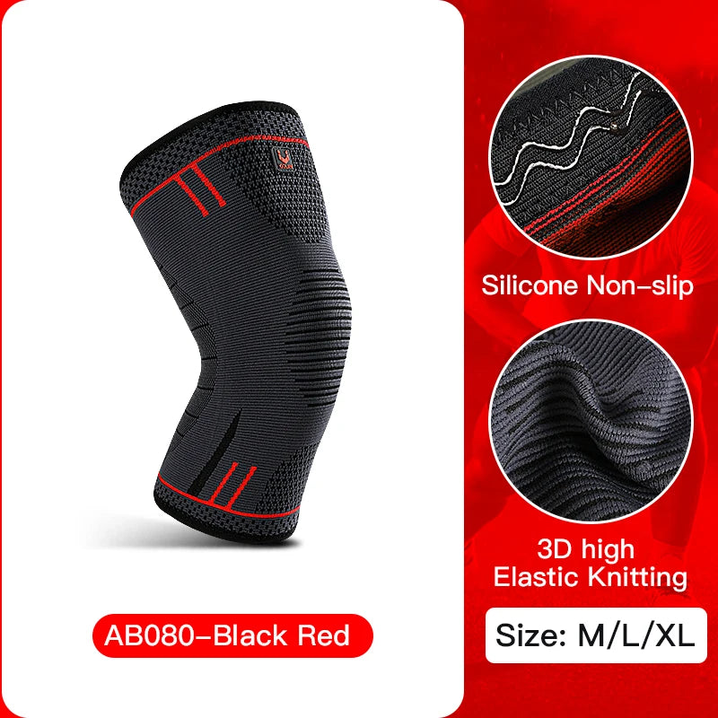 Elastic compression knee support sleeve by All In 1 SHOPPING, designed for gym and running, shown on a person's knee.