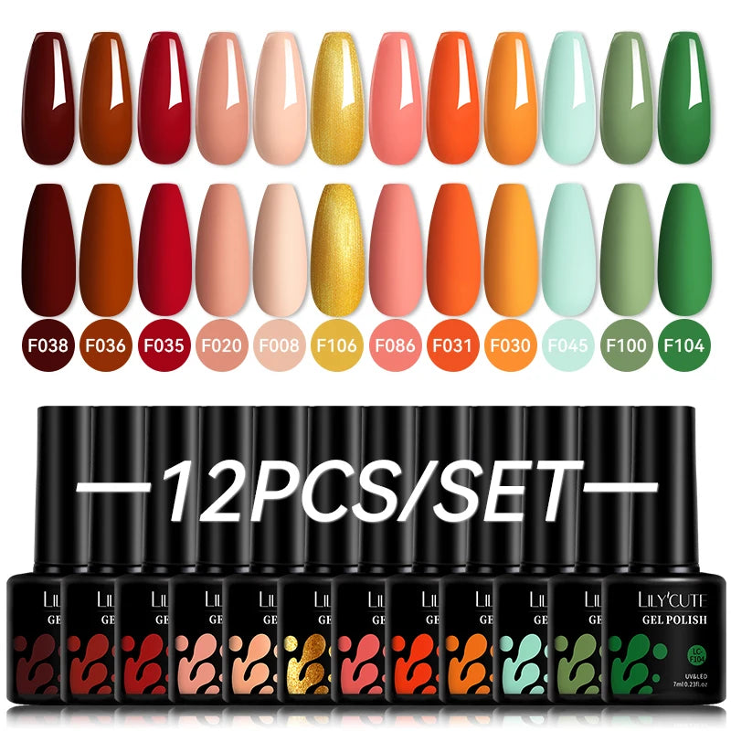 LILYCUTE 12PCs 7ml Nude Brown Red Nail Gel Polish Set Semi Permanent UV Gel For Nail Art Manicure Soak Off Gel Nail Polish Kit
