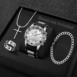 4PCS Fashion Arabic Dial Men Business Quartz Watch CasuSilicone Strap Wristwatch With Necklace Set Reloj Hombre (Without Box)