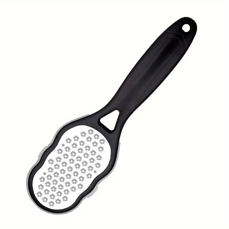 Stainless steel foot file with coarse and fine grit pedicure rasp for smoothing and exfoliating feet at home.