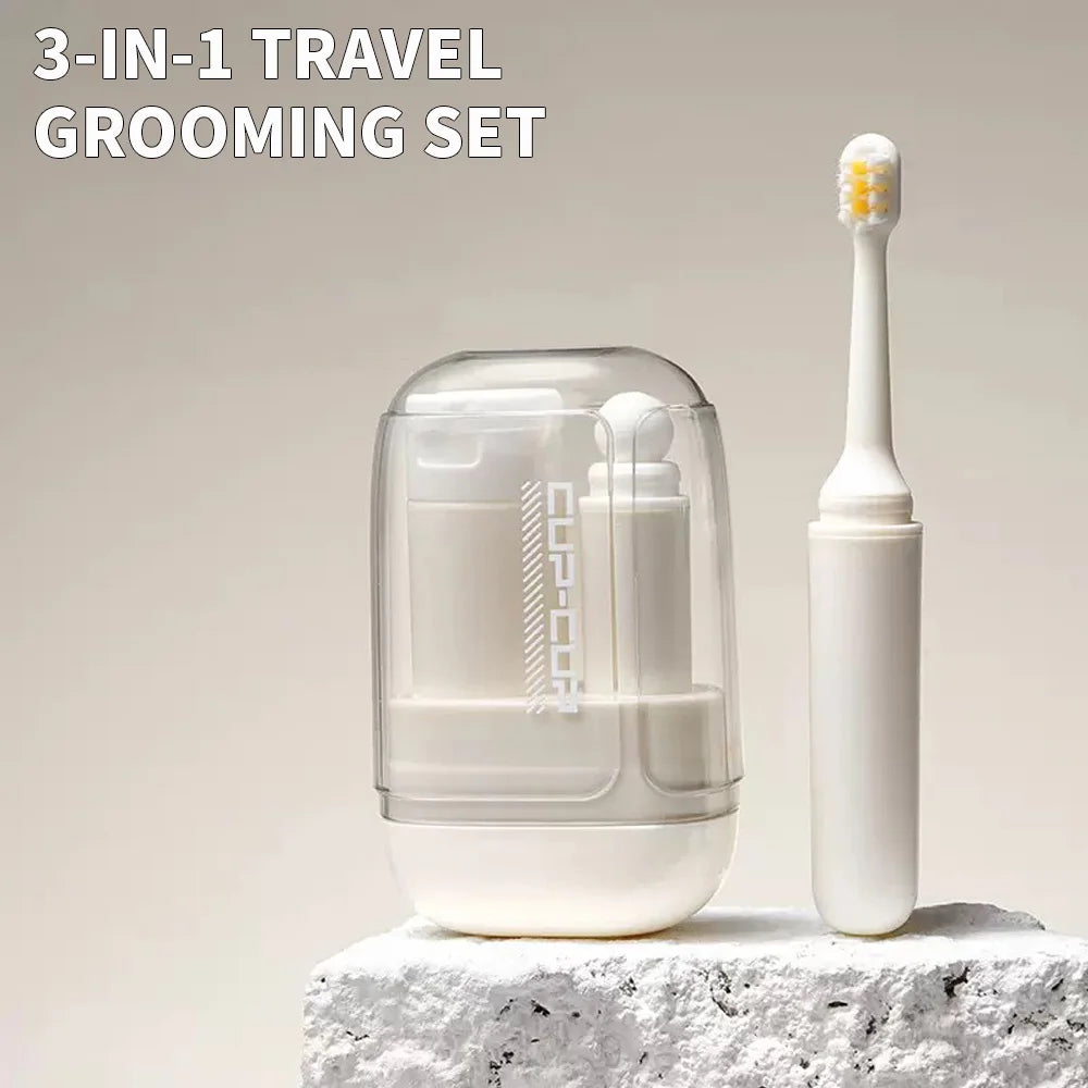 All In 1 SHOPPING 3-in-1 travel toiletry set with toothbrush, toothpaste, and mouthwash cup organizer for easy packing and organization