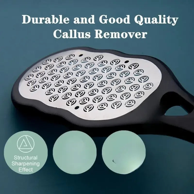 Stainless steel foot file with coarse and fine grit pedicure rasp for smoothing and exfoliating feet at home.