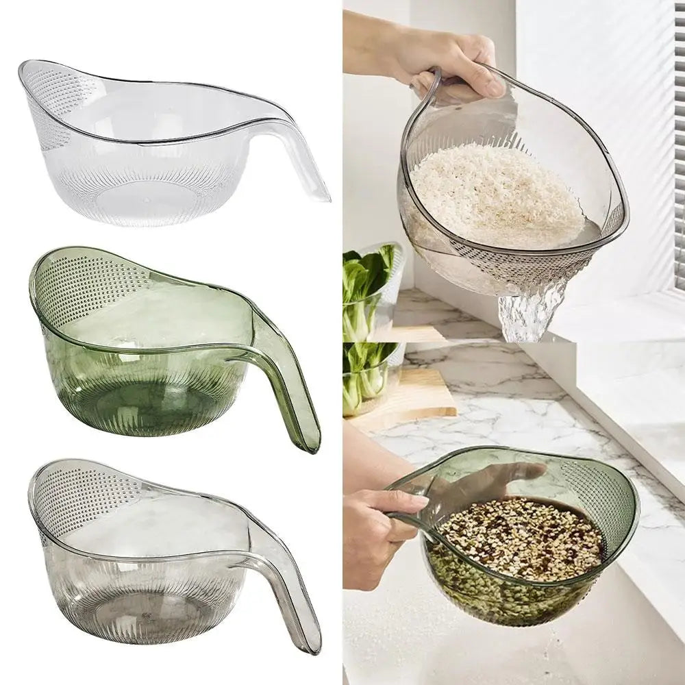 All In 1 SHOPPING rice washing bowl and kitchen colander for vegetables, fruits, and food straining, with a mesh design and handles.