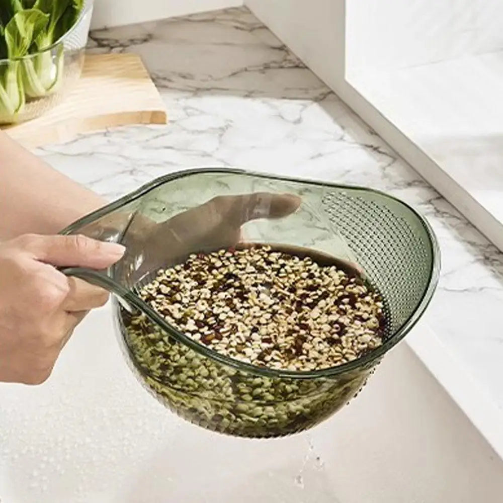 All In 1 SHOPPING rice washing bowl and kitchen colander for rinsing vegetables, fruits, and food with strainer function.