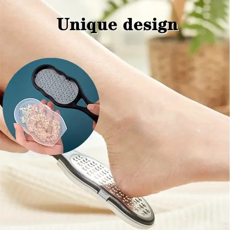 Stainless steel foot file with coarse and fine grit pedicure rasp for smoothening and exfoliating feet at home.