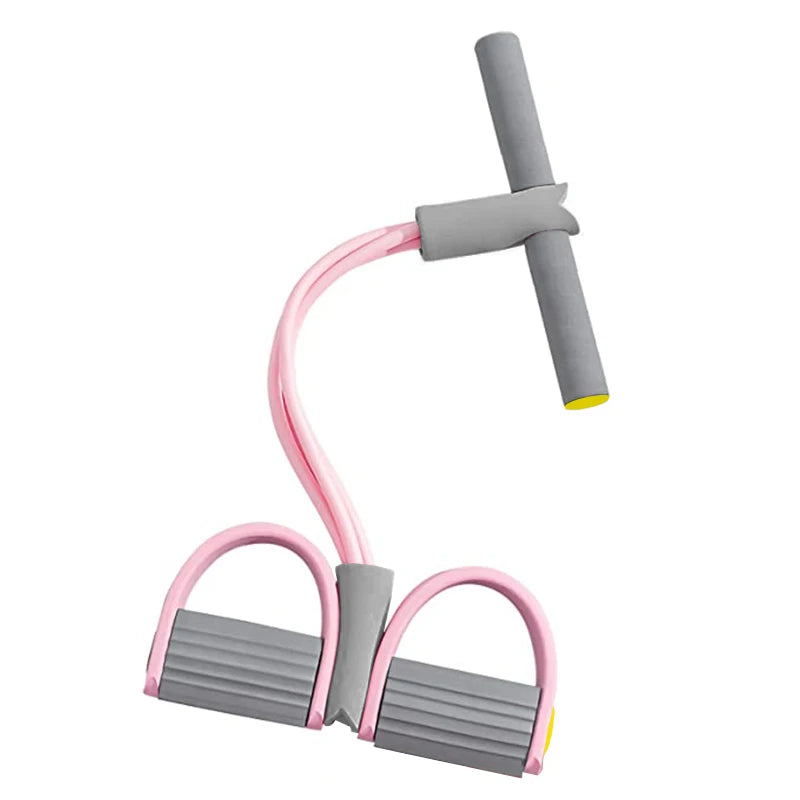 Four-tube resistance bands with pedals for yoga, strength, and home workouts, designed for versatile fitness exercises.