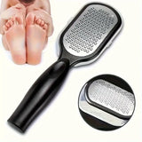 Stainless steel foot file with coarse and fine grit pedicure rasp for smoothing and exfoliating feet at home.