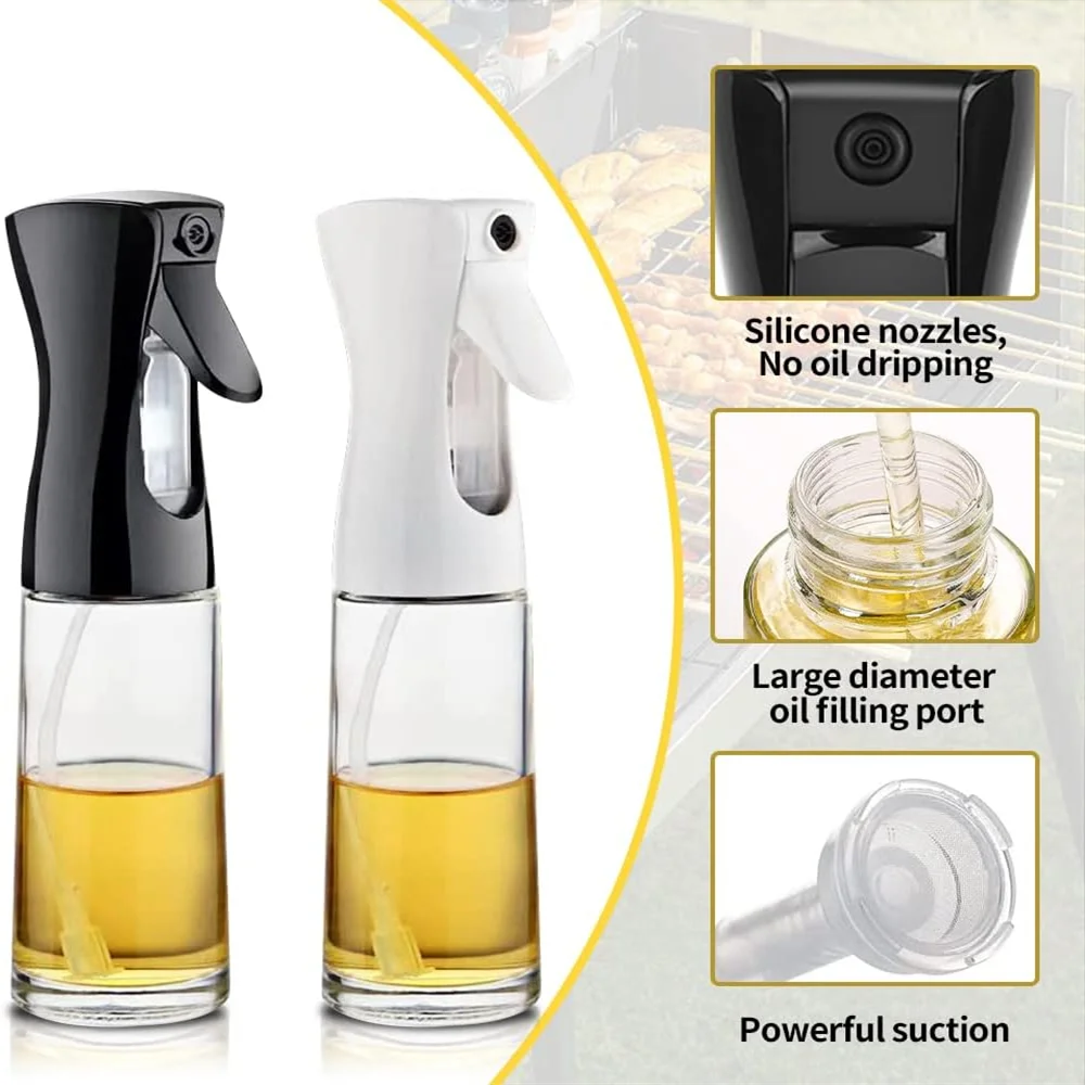 Refillable All In 1 SHOPPING oil spray bottle for cooking, with a clear container and spray nozzle for olive oil and vinegar.