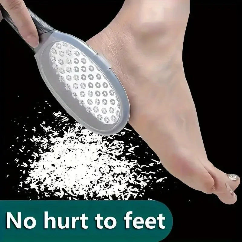 Stainless steel foot file with coarse and fine grit pedicure rasp for smoothing and exfoliating feet at home.