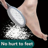 Stainless steel foot file with coarse and fine grit pedicure rasp for smoothing and exfoliating feet at home.