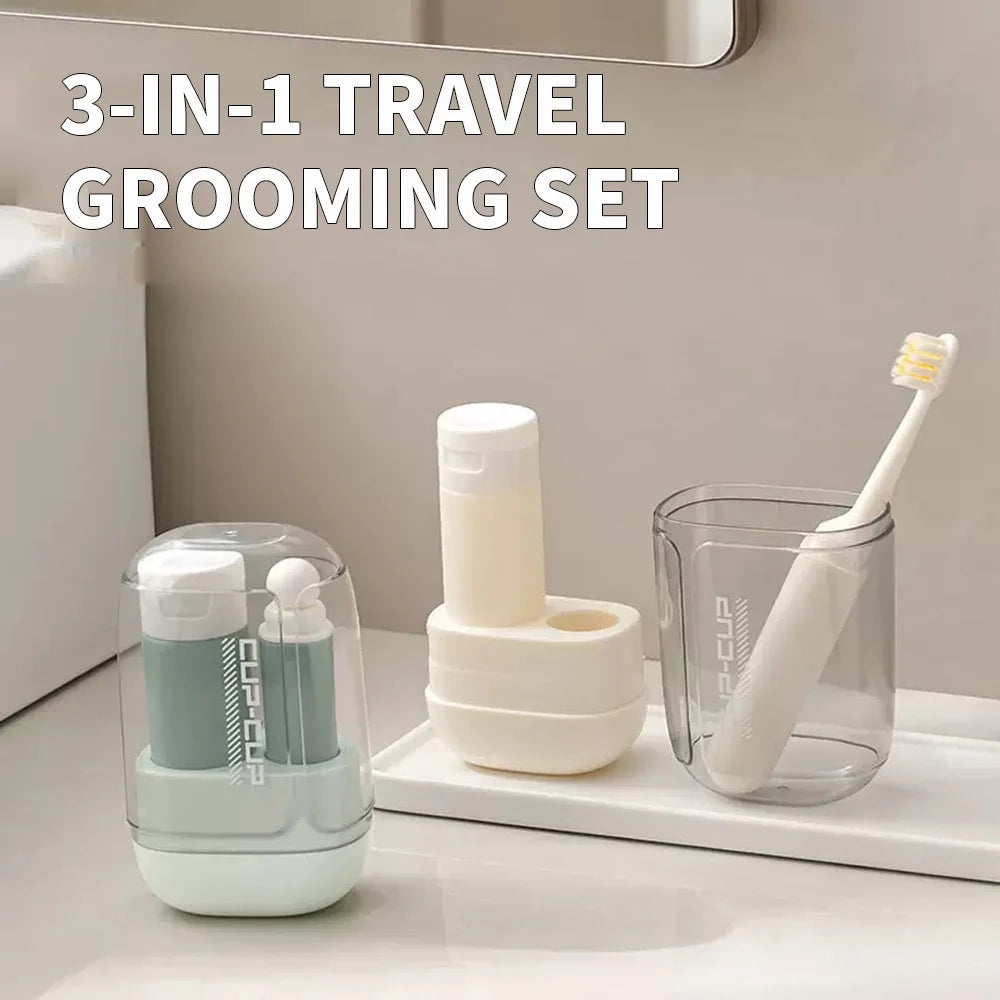 All In 1 SHOPPING 3-in-1 travel toiletry set with toothbrush, toothpaste, and mouthwash cup organizer for convenient packing