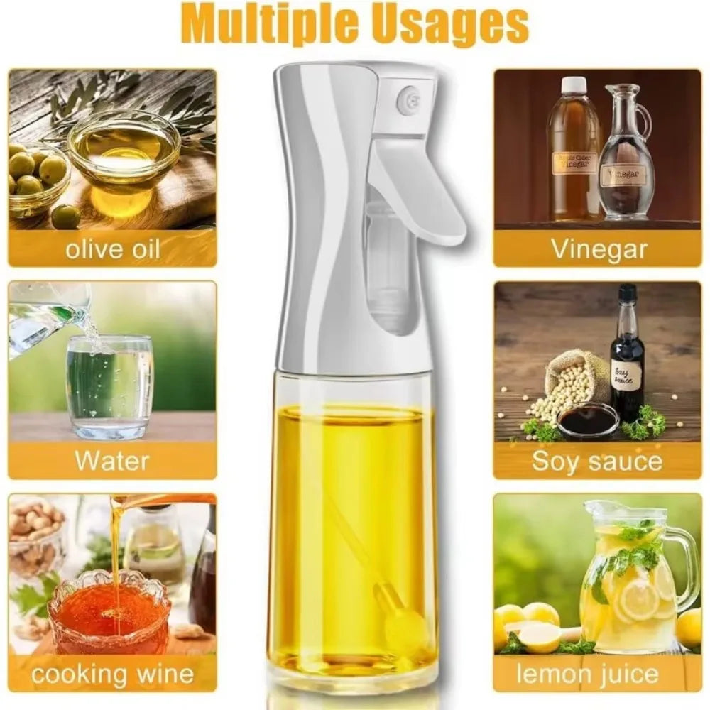 Refillable oil spray bottle for cooking by All In 1 SHOPPING, with a transparent container and spray nozzle for olive oil and vinegar