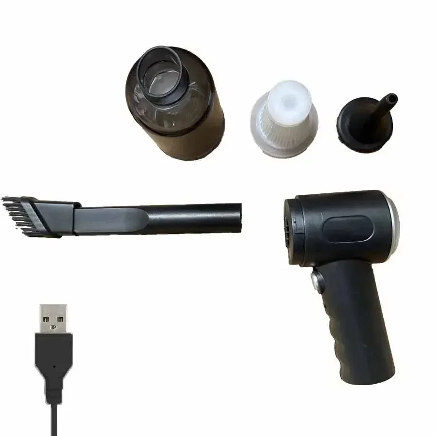 All In 1 SHOPPING 9000Pa cordless car vacuum cleaner with portable design and rechargeable USB battery, shown with vacuum nozzle and body.