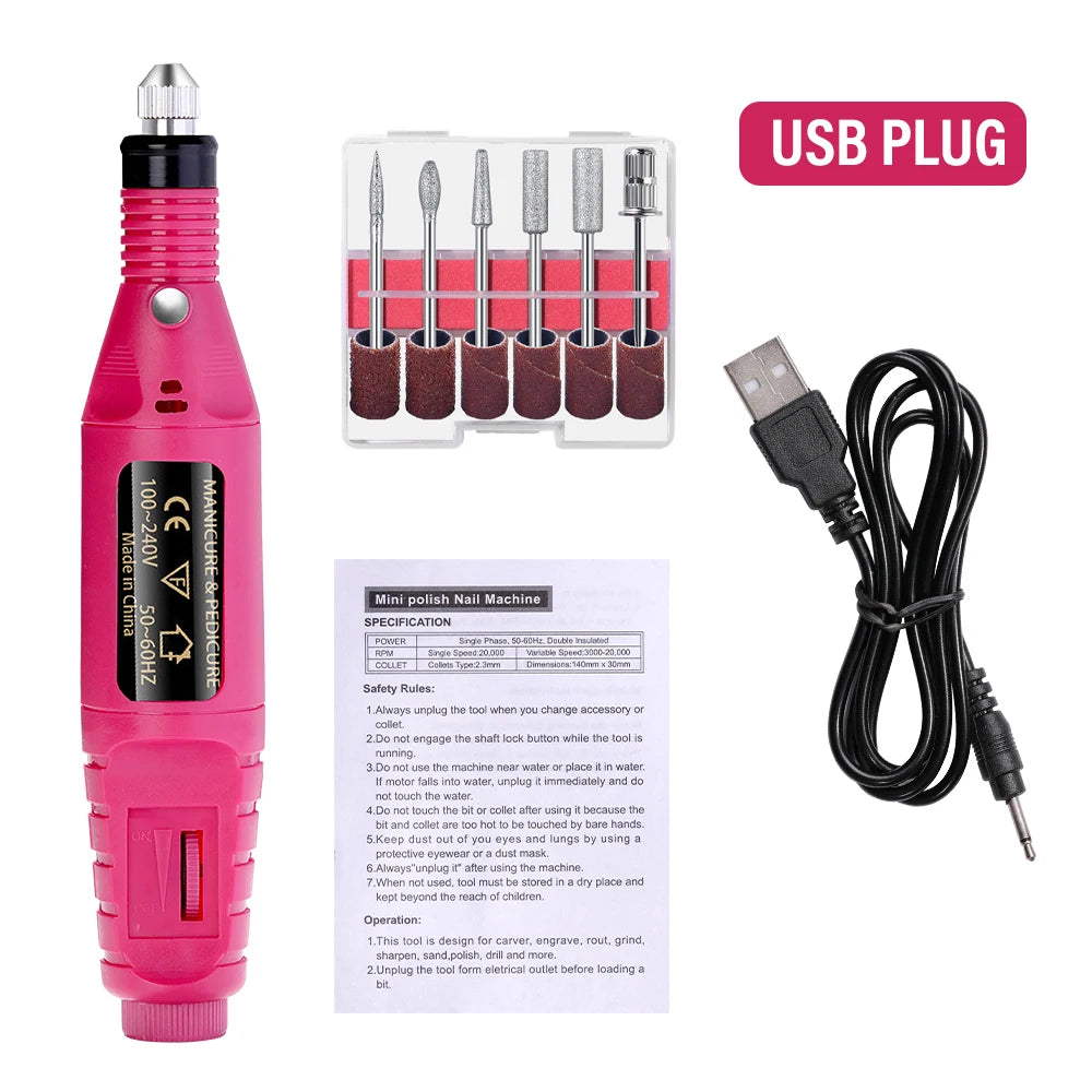 LULAA Electric Nail Drill Machine set with professional manicure and pedicure tools, featuring a compact design and multiple bit attachments.