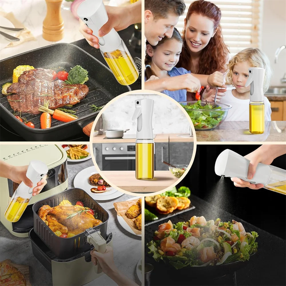 Refillable oil spray bottle for cooking by All In 1 SHOPPING, with a clear container and nozzle for olive oil and vinegar.