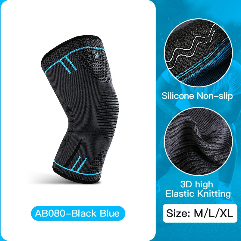 Elastic compression knee support sleeve by All In 1 SHOPPING, designed for sports, gym, and running, shown on a person's knee.