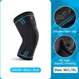 Elastic compression knee support sleeve by All In 1 SHOPPING, designed for sports, gym, and running, shown on a person's knee.