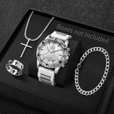 4PCS Fashion Arabic Dial Men Business Quartz Watch CasuSilicone Strap Wristwatch With Necklace Set Reloj Hombre (Without Box)
