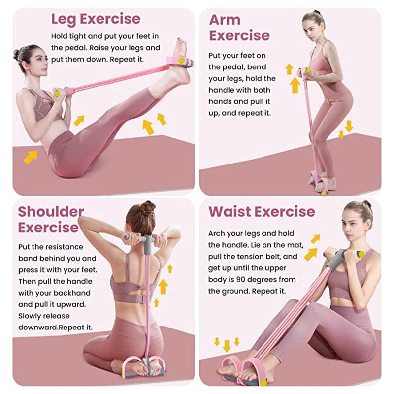 Four tube resistance bands with pedals for yoga, strength, and home workouts, featuring adjustable handles and durable construction.