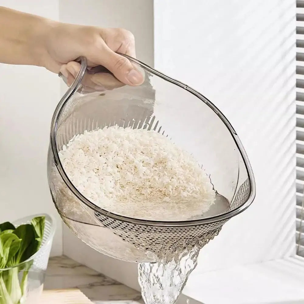All In 1 SHOPPING rice washing bowl and colander for vegetables, fruits, and food straining, with a durable, easy-to-use design.