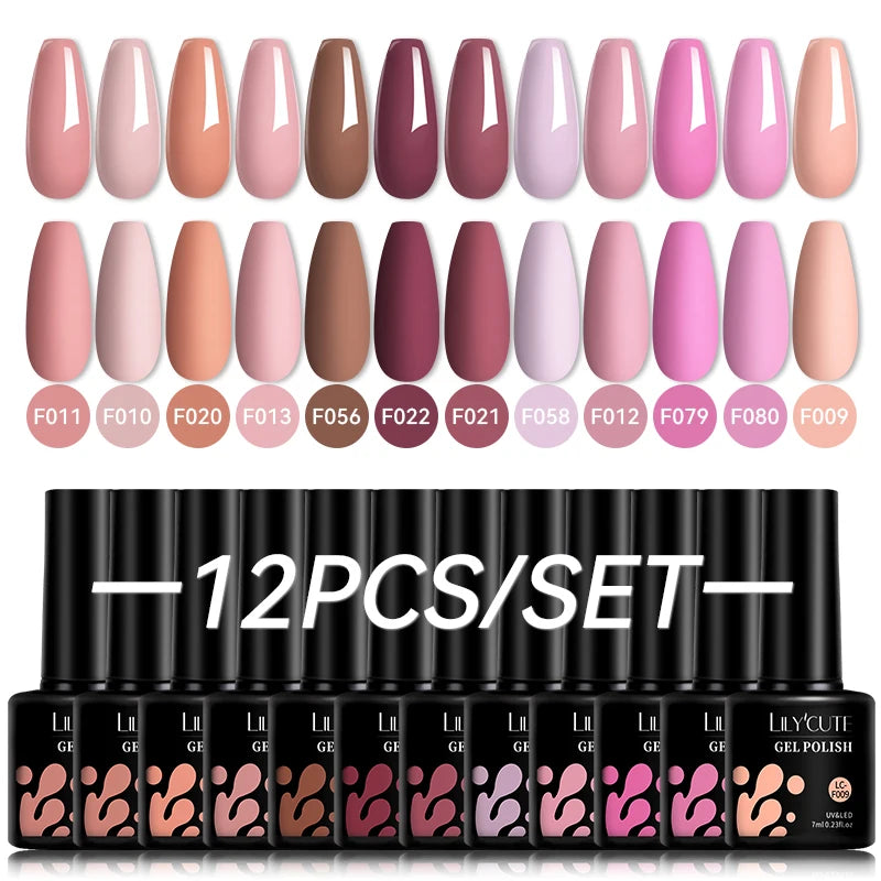 LILYCUTE 12PCs 7ml Nude Brown Red Nail Gel Polish Set Semi Permanent UV Gel For Nail Art Manicure Soak Off Gel Nail Polish Kit