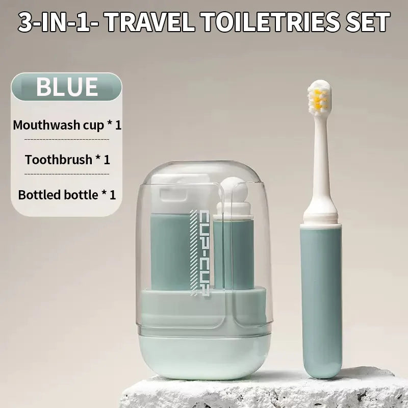 All In 1 SHOPPING 3-in-1 travel toiletry set with toothbrush, toothpaste, and mouthwash cup organizer on a bathroom countertop