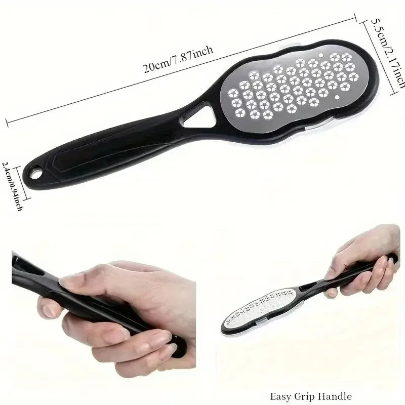 Stainless steel foot file with coarse and fine grit pedicure rasp for smoothing and exfoliating feet at home.