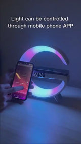 G-Shaped Smart LED Table Lamp with Bluetooth Speaker, 15W Wireless Charger, App & Voice Control for Bedroom & Home