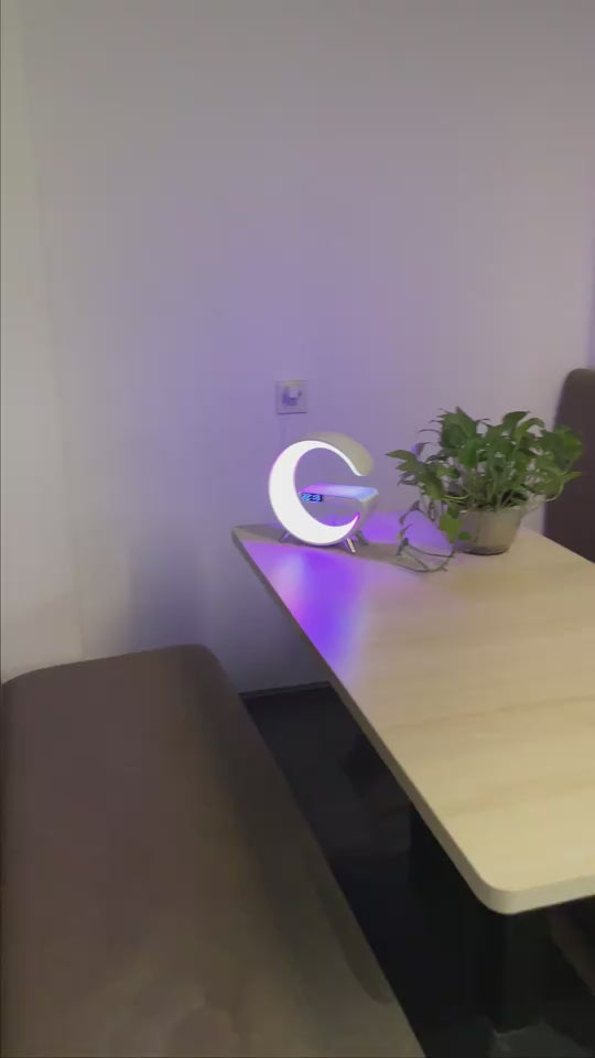 G-Shaped Smart LED Table Lamp with Bluetooth Speaker, 15W Wireless Charger, App & Voice Control for Bedroom & Home